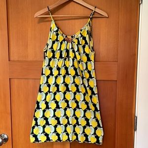 Tory Burch silk navy and yellow leaf print sleeveless minidress